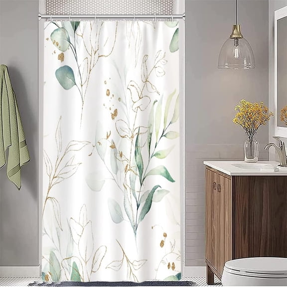 Stall Shower Curtain, Sage Green and Gold Eucalyptus Small Shower Curtain Set Waterproof Fabric Half Narrow Bathroom Decor with Hooks, 36x72 Inch