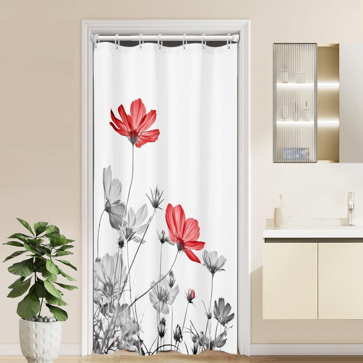 Stall Shower Curtain Small 36''''W x 72''''L Red Gray Flower White Grey Daisy Floral Ink Painting Botanical Simple Elegance Bathroom Curtains Polyester Fabric 7 Pack Plastic Hooks
