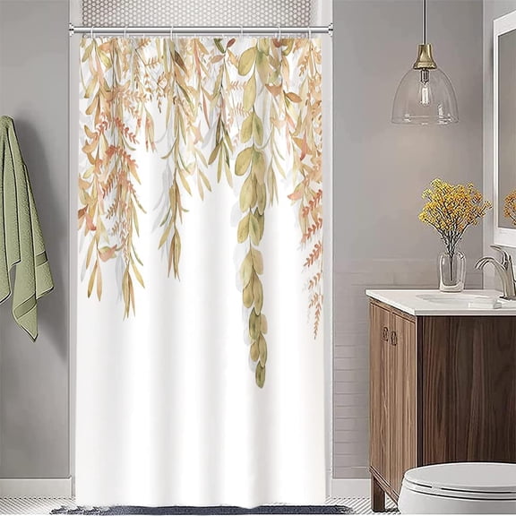 Stall Shower Curtain, Spring Eucalyptus Small Shower Curtain Set Waterproof Fabric Tan Leaves Plant Half Narrow Bathroom Decor with Hooks, 36x72 Inch