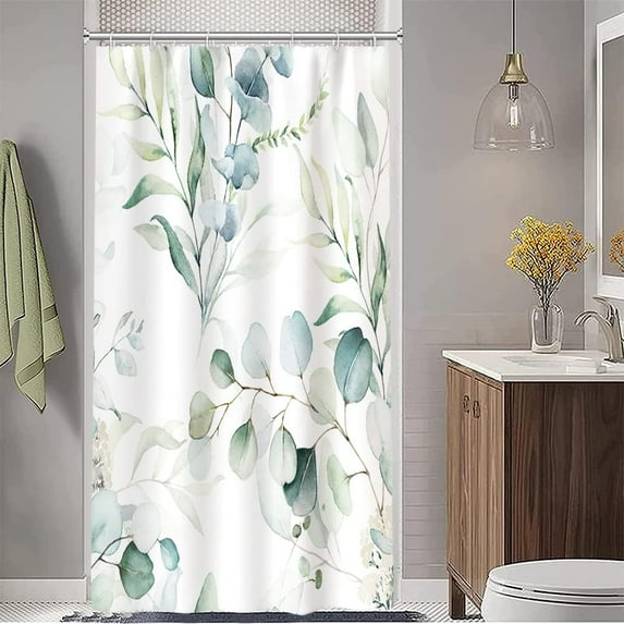 Stall Shower Curtain, Spring Green Eucalyptus Small Shower Curtain Set for Bathroom Watercolor Botanical RV Shower Curtain with Hooks, 36x72 Inch