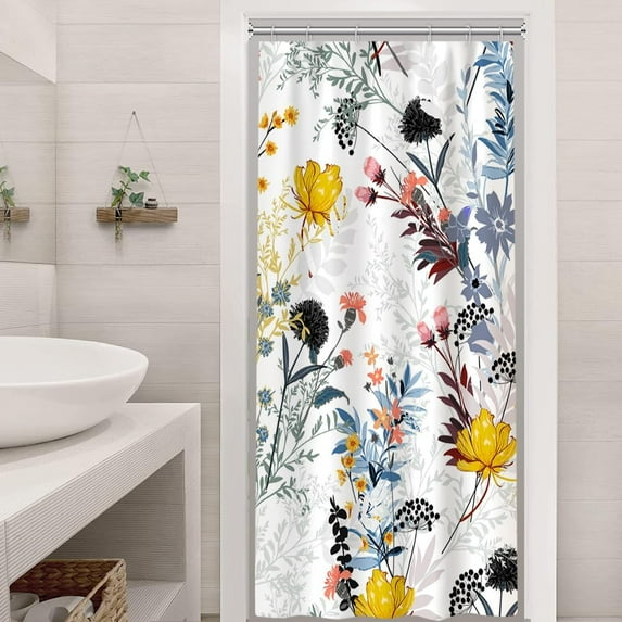 Stall Shower Curtain, Spring Yellow and Blue Wild Flower Shower Curtain Set Waterproof Fabric Small RV Bathroom Curtain with Hooks, 36x72 Inch