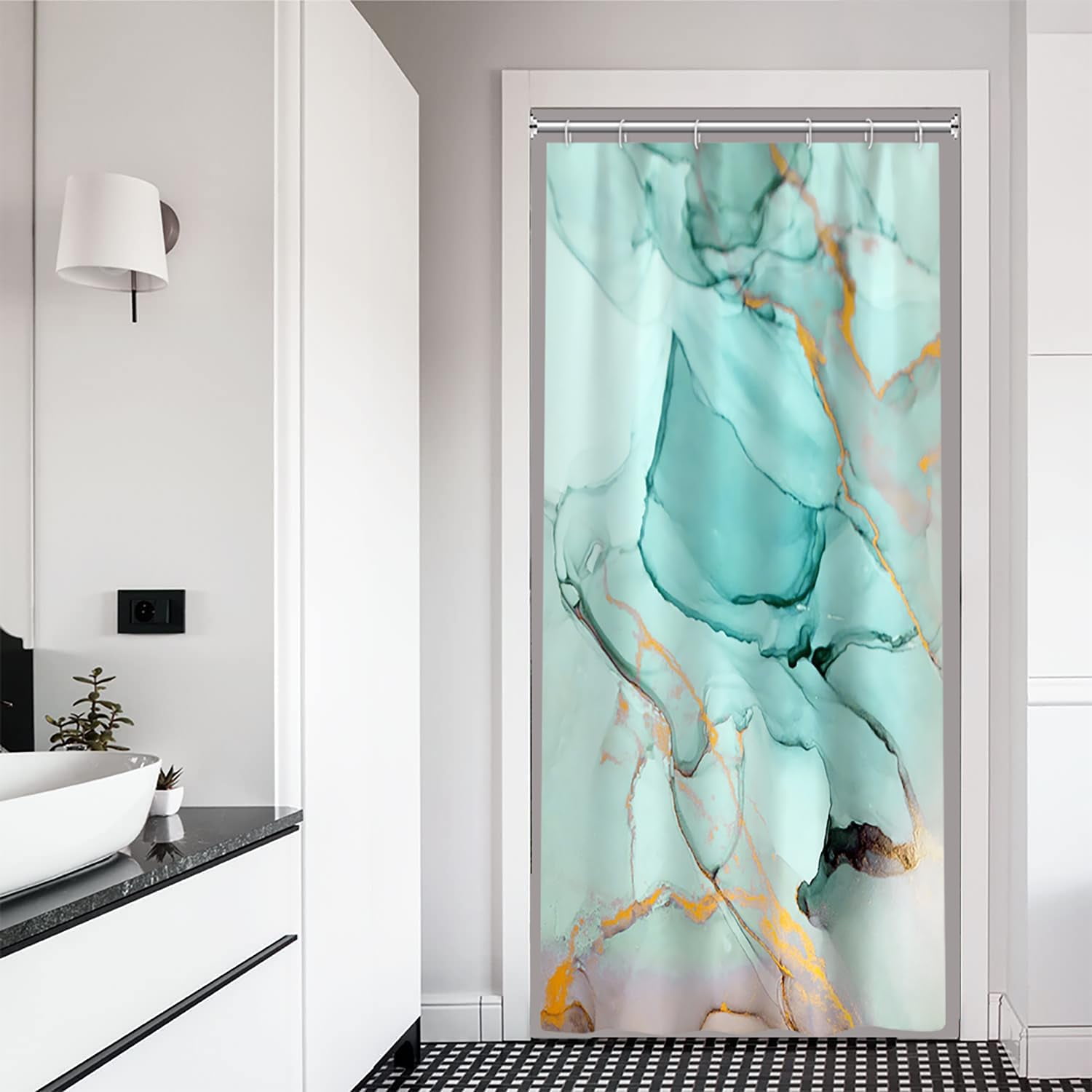 Stall Shower Curtain, Teal Marble Small Shower Curtain Abstract Modern
