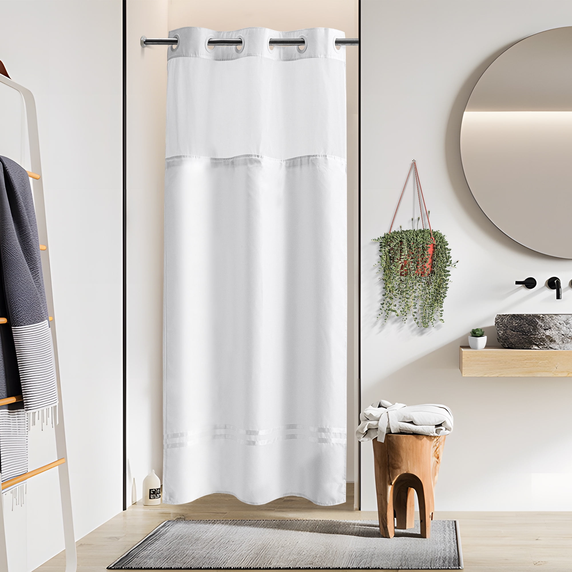 Stall Shower Curtain with Snap-in Liner,No Hooks Needed,Sheer Window,with  Magnets,36 Wx74 H 