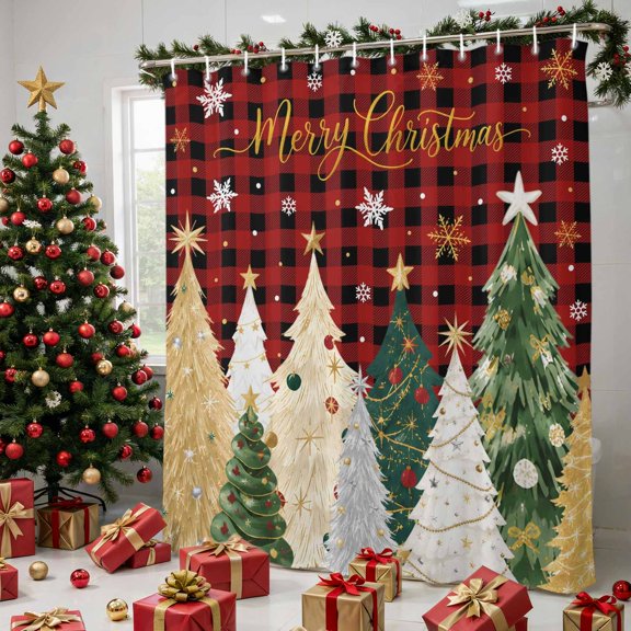 Stall Shower Curtains 36" x 72", Christmas Trees Washable Shower Curtain for Bathroom, Gold Green Xmas Snowflake Pine Plaid Red Waterproof Polyester Fabric Bathtub Curtain Panel
