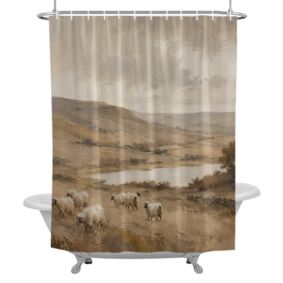 Stall Shower Curtains 36" x 72", Farmhouse Sheep Washable Shower Curtain for Bathroom, Fall Grassland Rustic Hills Lake Landscape Waterproof Polyester Fabric Bathtub Curtain Panel