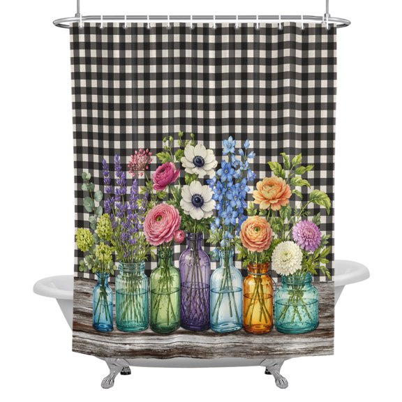 Stall Shower Curtains 36" x 72", Flowers Washable Shower Curtain for Bathroom, Botanical Blossom Floral Branches Black Lattice Waterproof Polyester Fabric Bathtub Curtain Panel
