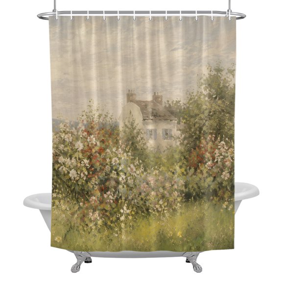 Stall Shower Curtains 36" x 72", Spring Farmhouse Washable Shower Curtain for Bathroom, Retro Country Wildflowers House Oil Painting Waterproof Polyester Fabric Bathtub Curtain Panel