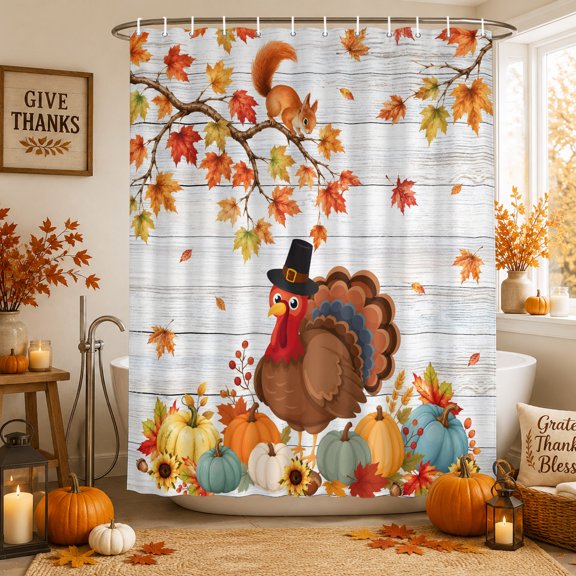 Stall Shower Curtains 36" x 72", Thanksgiving Turkey Washable Shower Curtain for Bathroom, Fall Rustic Harvest Pumpkins Wood Grain Waterproof Polyester Fabric Bathtub Curtain Panel