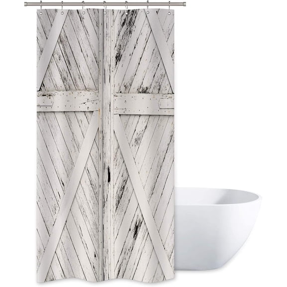 Stall Small Barn Door Shower Curtain 36Wx72H Inch Narrow Half Rustic RV Cabin Farmhouse Wood Gray and White Wooden Walkin Decor Fabric Polyester Waterproof 7 Pack Plastic Hooks