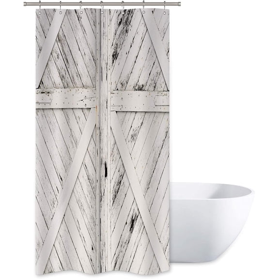 Stall Small Barn Door Shower Curtain 36Wx72H Inch Narrow Half Rustic RV Cabin Farmhouse Wood Gray and White Wooden Walkin Decor Fabric Polyester Waterproof 7 Pack Plastic Hooks