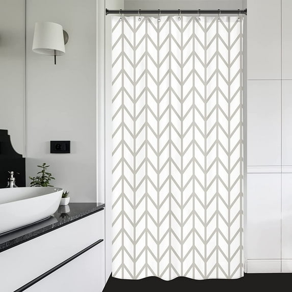 Stall Small Half Size Dorm Shower Curtain 36x72 Inch White Beige Bold Thick Lines Striped Herringbone Single Narrow Tiny Geometric Chevron Decor Fabric Bathroom Set Polyester Waterproof