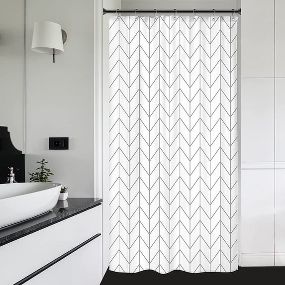Stall Small RV Gray White Grey Bathroom Shower Curtain Liner 36Wx72H Inch Half Single Narrow Walkin Standing Little Size Dorm Chevron Herringbone Geometric Tiny Fabric Polyester Waterproof