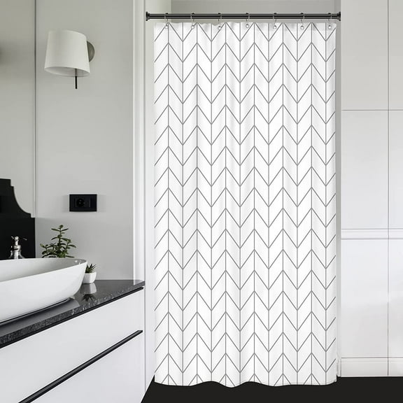 Stall Small RV Gray White Grey Bathroom Shower Curtain Liner 36Wx72H Inch Half Single Narrow Walkin Standing Little Size Dorm Chevron Herringbone Geometric Tiny Fabric Polyester Waterproof