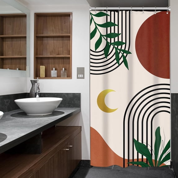 Stall Small Rv Bohemian Mid Century Shower Curtain Simple Abstract Arch Leaf 36Wx72H Inch Narrow Modern Contemporary Moon Green Gold Fabric Decor Bathroom Polyester Waterproof 7 Pack Hooks