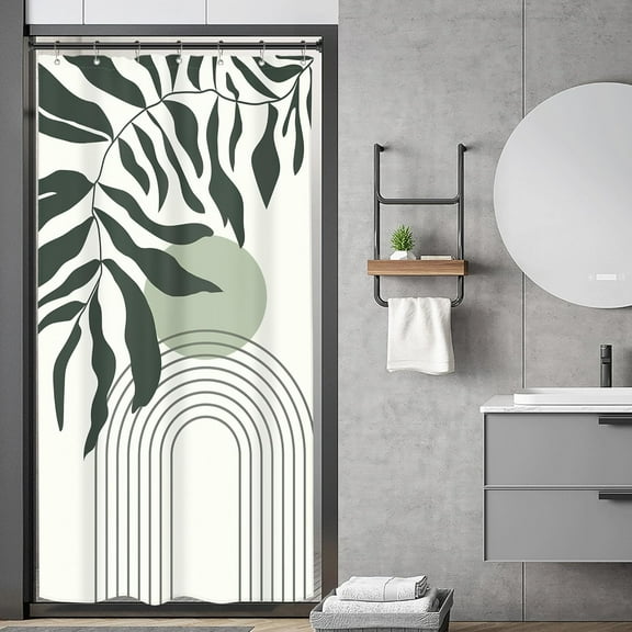 Stall Small Sage Green Abstract Matisse Leaves Shower Curtain Boho Mid Century Half Minimalist Geometric 36Wx72H Inch RV Single Narrow Fabric Decor Bathroom Polyester Waterproof 7 Pack Hooks