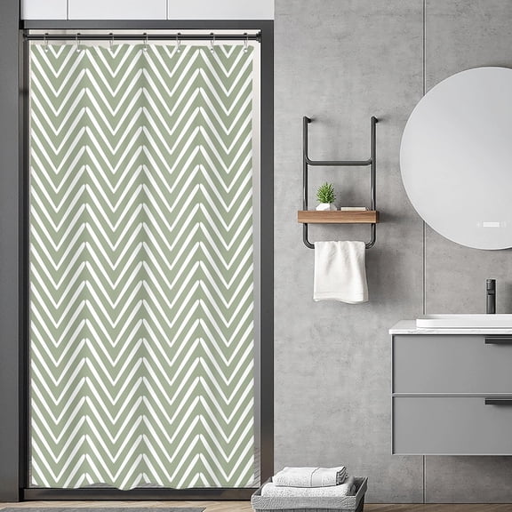 Stall Small Sage Green White Chevron Shower Curtain Boho Modern Striped Geometric Herringbone Simple Contemporary 36Wx72H Inch Neutral Fabric Decor Bathroom Polyester Waterproof 7 Pack Hooks