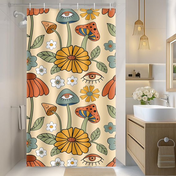Stall Small Shower Curtain - Boho Mushroom Floral 70s Retro Bohemian Yellow Orange Flowers Eyes Narrow Half Fabric Cloth Bath Shower Curtain Set with 12 Hooks Bathroom Decor, 36"x72"