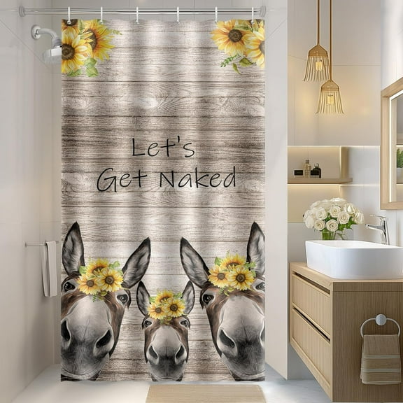 Stall Small Shower Curtain - Farmhouse Get Naked Donkey Sunflower Wooden Rustic Country Narrow Half Fabric Cloth Shower Curtain Set for Bathroom Decor Accessories Bath Curtain, 36"x72"