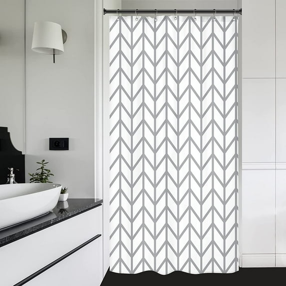 Stall Small Shower Curtain Half Size 36x72 Inch White Grey Bold Thick Lines Striped Herringbone Single Narrow Tiny Geometric Chevron Dorm Decor Fabric Bathroom Set Polyester Waterproof