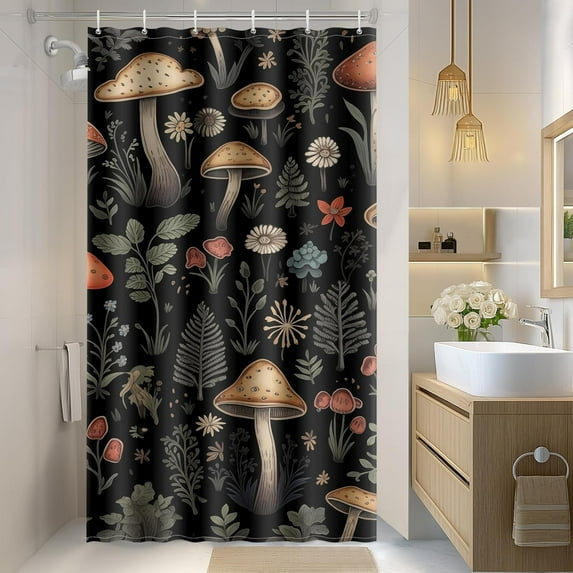 Stall Small Shower Curtains - Boho Mushroom Vintage Floral Plants Flowers Fairy Nature Botanical Narrow Half Fabric Cloth Bath Shower Curtain Set with 12 Hooks Bathroom Decor, 36"x72"
