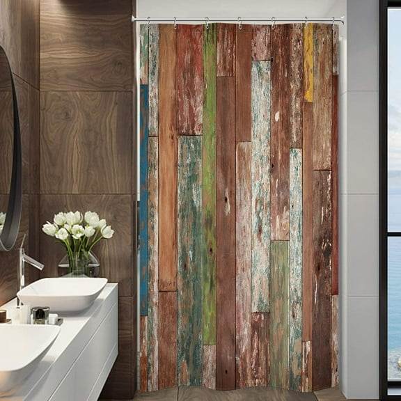 Stall Small Wooden Shower Curtain 36Wx72H Inch Rustic Planks Farmhouse Narrow RV Walkin Half Freestanding Wood Brown Grunge Lodge Decor Fabric Bathroom Waterproof 7 Pack Plastic Hooks