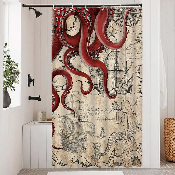Stall Vintage Red Nautical Octopus Shower Curtain Mermaid Funny Ocean Kraken Shower Curtains for Bathroom Cool Anchor Coastal Map Waterproof Fabric Bath Curtain Decor (Retro1, 36\u201d x 72\u201d)