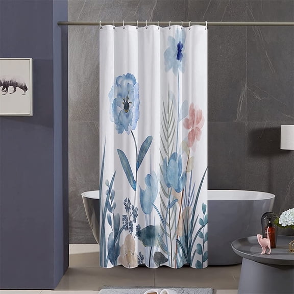 Stall Watercolor Floral Shower Curtain Sets,36Wx72H Inch Narrow RV Teal and Blue Flowers Fabric Shower Curtains, Soft Waterproof Polyester Bathroom Curtains with Hooks