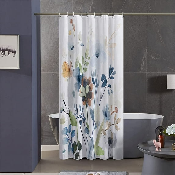 Stall Watercolor Floral Shower Curtain Sets,36Wx72H Inch Narrow RV Teal and Blue Flowers Fabric Shower Curtains, Soft Waterproof Polyester Bathroom Curtains with Hooks