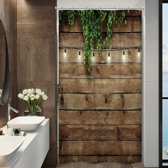 Stall Wooden Shower Curtain 36Wx72H Inch Rustic Wood Bran Door Wooden Green Leaves Antique Brown Wall Board Retro Bathroom Home Decor Waterproof Polyester 7 Pack Plastic Hooks