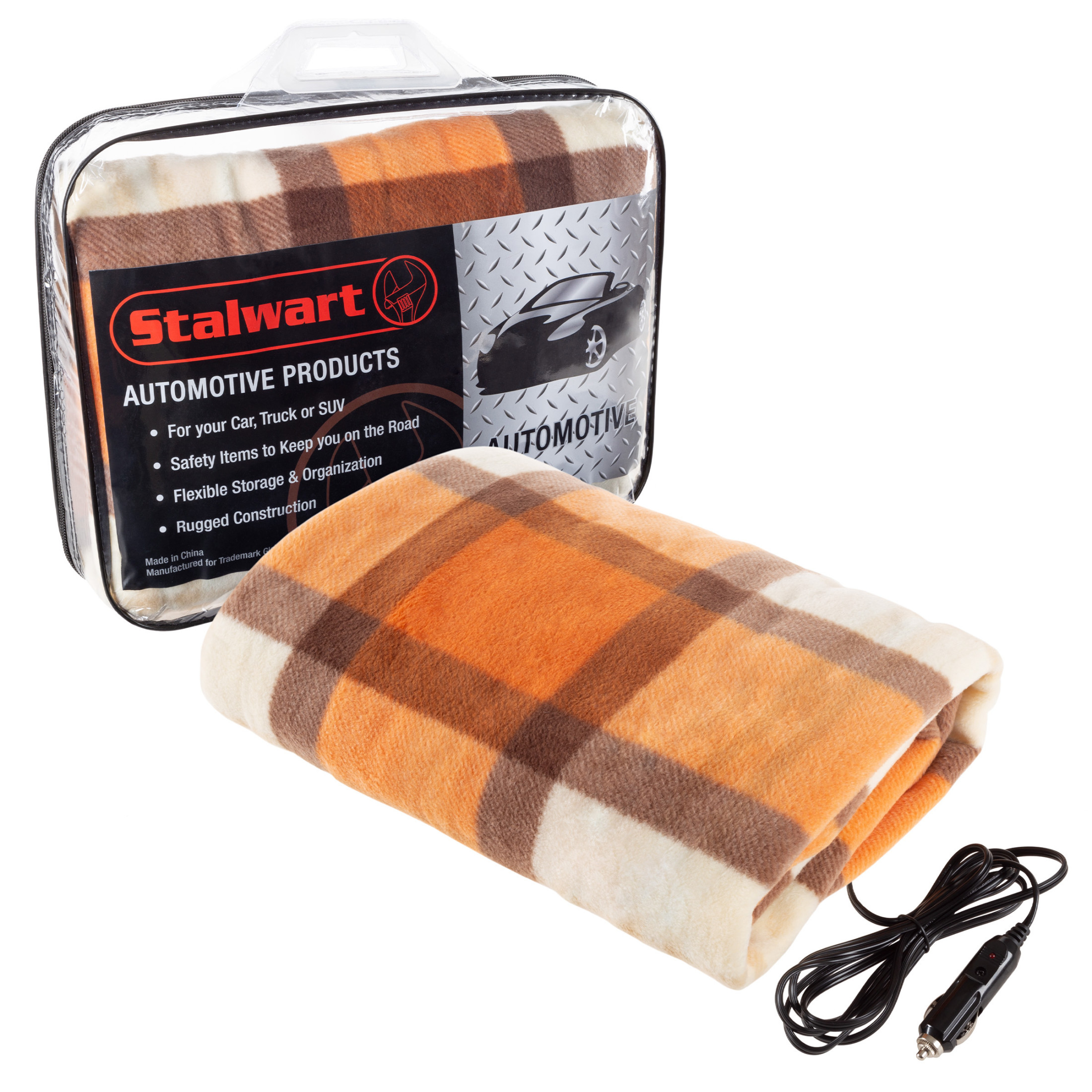 Stalwart 12V Electric Heated Blanket for Car, Truck, or RV (Orange Plaid)