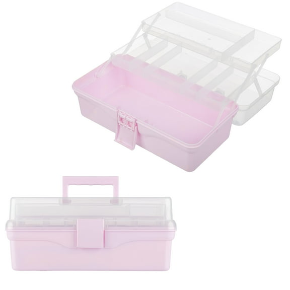 Stalwart 14” Plastic Tackle Box Organizer - 3-Layer Portable Craft Storage Art Caddy, Pink