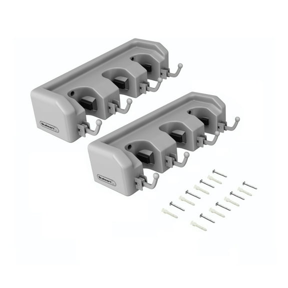 Stalwart 2-Pack Wall Storage Organizer - Garage Utility Rack with 3 Adjustable Slots and 4 Hooks - Ideal for Garden Tools, Mops, and Brooms - Gray