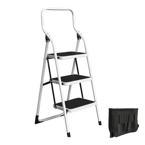 Stalwart 3 Step Stool Folding Ladder with Handrails and Attached Tool Bag