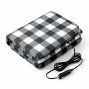 Electric Car Blanket- Heated 12 Volt Fleece Travel Throw for Car and RV-Great for Cold Weather Tailgating and Emergency Kits by Stalwart-BLACK/WHITE