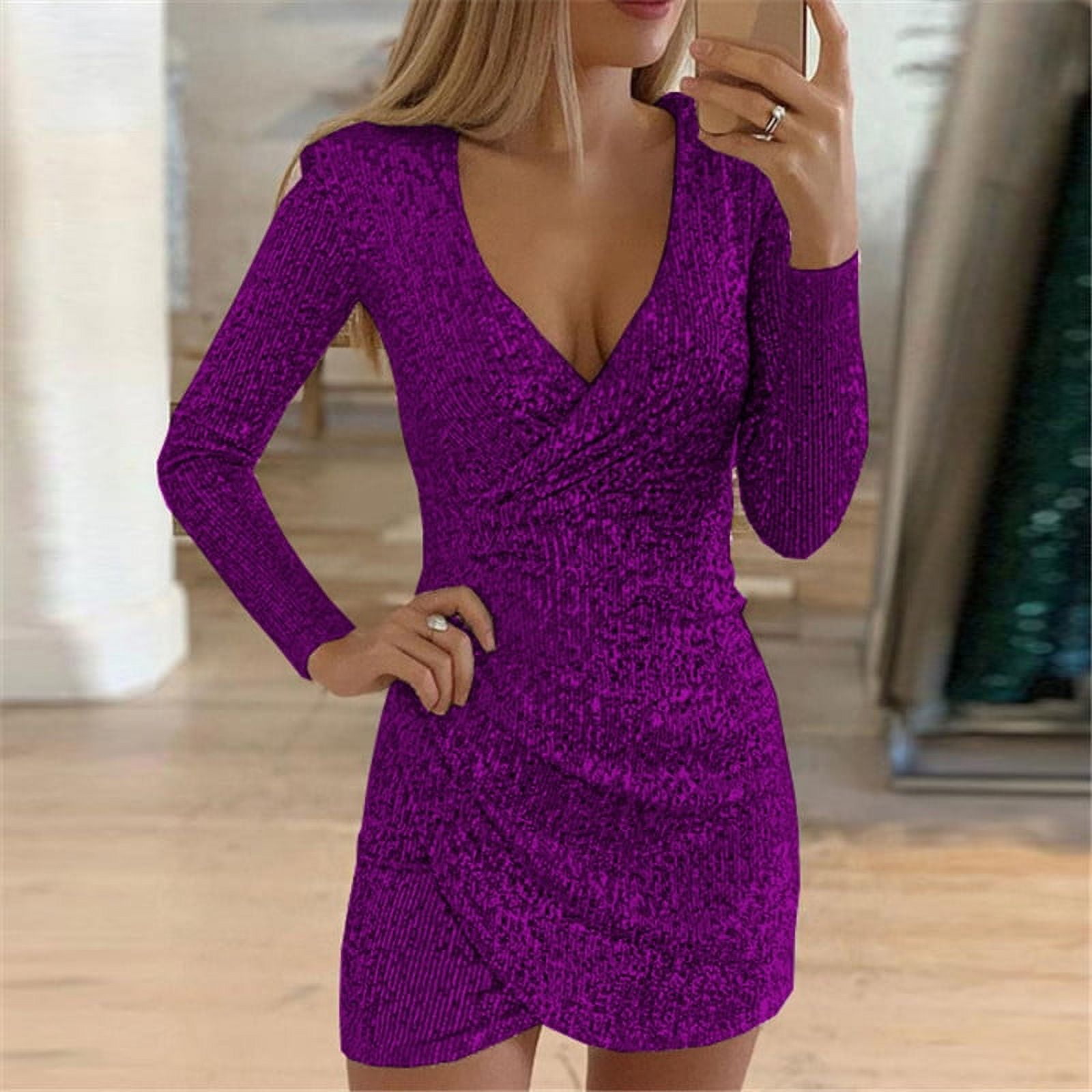 Stamens Womens Sparkly Sequin Short Dress Deep V-Neck Long Sleeved ...