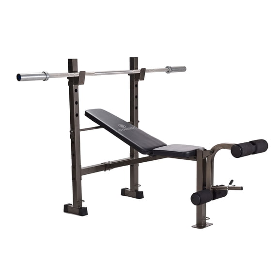 Stamina Steel Weight Bench and Barbell Rack Combo with Resistance Band Anchors, Adjustable, Black