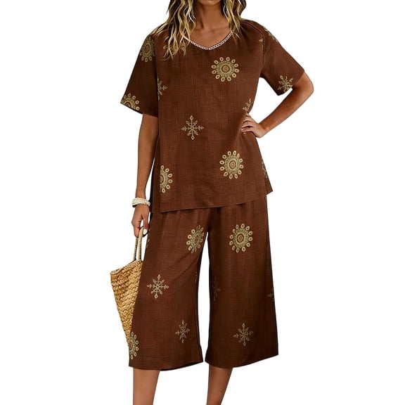 Stamozd Beach Vacation Matching Sets Women Clothing Summer V Neck Short Sleeve Boho Tops and Capri Pants Casual Cotton Travel Outfits for Women Brown S