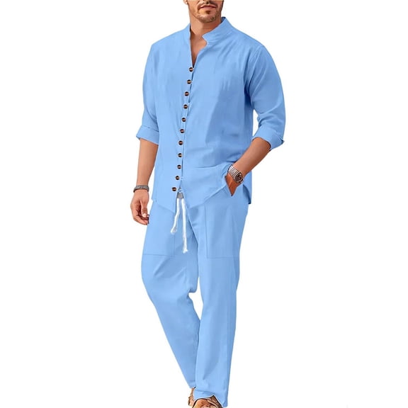 Stamozd Beach Vacation Outfits for Men Solid Color Long Sleeve Button Up Shirt and Pants Set Casual Cotton Linen Track Suits Mens Summer Outfits 2 Piece Sky Blue D S