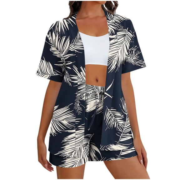 Stamozd Hawaiian Short Sets for Women Summer Short Sleeve Travel Clothes Women Vacation Beach Outfits Cardigan Shirt and Shorts Set Black M