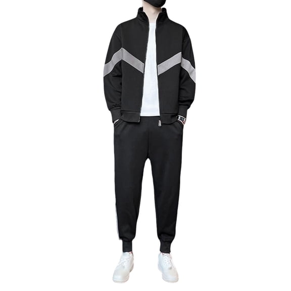 Stamozd Long Sleeve Sweat Suits Men Fashion Patchwork Stand-Up Collar Jacket and Jogging Pants Casual Oversized Track Suit for Worokout Running Gym Black-4 L