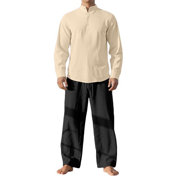 Stamozd Mens Outfits 2 Piece Summer Solid Color Imitation Cotton and Linen Sweat Suit Casual Vacation Beach Clothes for Men Beige XXXL