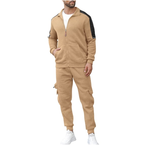Stamozd Mens Sweatsuits 2 Piece Set Long Sleeve Zip Up Jacket and Cargo Pants Casual Gym Workout Track Suit Plus Size Mens Clothes Khaki S
