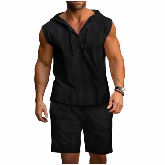 Stamozd Mens Vacation Outfits 2 Piece Sleeveless Hooded Tank Tops and Short Pants Sets Summer Beach Casual Sweat Suits Plus Size Men Clothing Black M