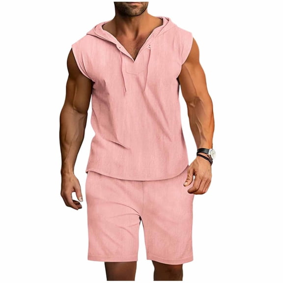 Stamozd Mens Vacation Outfits 2 Piece Sleeveless Hooded Tank Tops and Short Pants Sets Summer Beach Casual Sweat Suits Plus Size Men Clothing Pink S