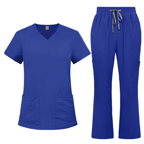 Stamozd Scrubs for Women Set 2 Piece Short Sleeve V Neck Tops and Trousers Pants with Pocket Workwear Nurse Uniformes Outfits for Women Blue L