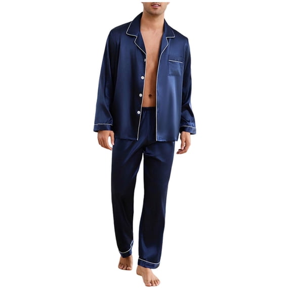 Stamozd Silk Pajamas for Men 2 Piece Long Sleeve Button Up Pajama Set Men Sleepwear Loose Lounge Outfits for Men Navy M
