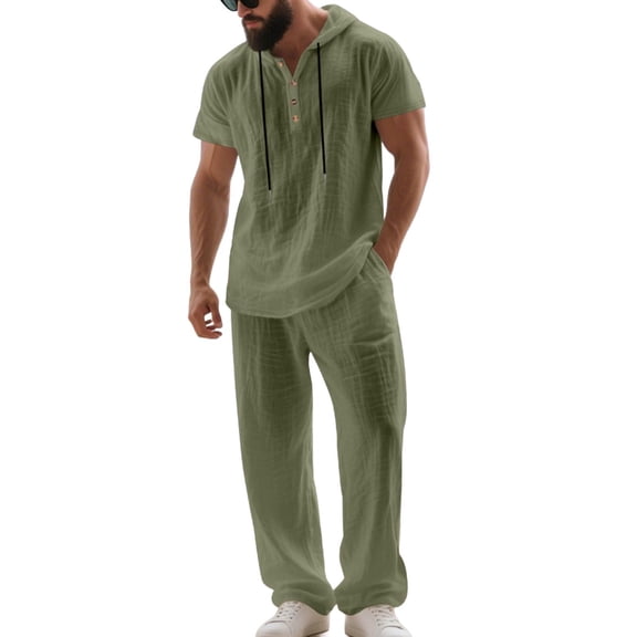 Stamozd Summer Sweat Suits Men Solid Color Short Sleeve Hooded Shirts and Long Pants 2 Piece Beach Sets Casual Vacation Outfits for Men Army Green S