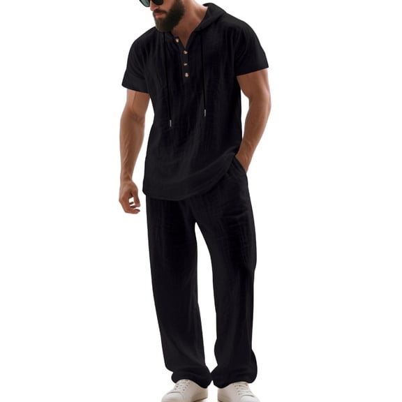 Stamozd Summer Sweat Suits Men Solid Color Short Sleeve Hooded Shirts and Long Pants 2 Piece Beach Sets Casual Vacation Outfits for Men Black M