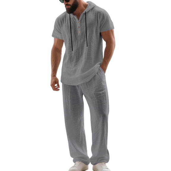 Stamozd Summer Sweat Suits Men Solid Color Short Sleeve Hooded Shirts and Long Pants 2 Piece Beach Sets Casual Vacation Outfits for Men Gray L