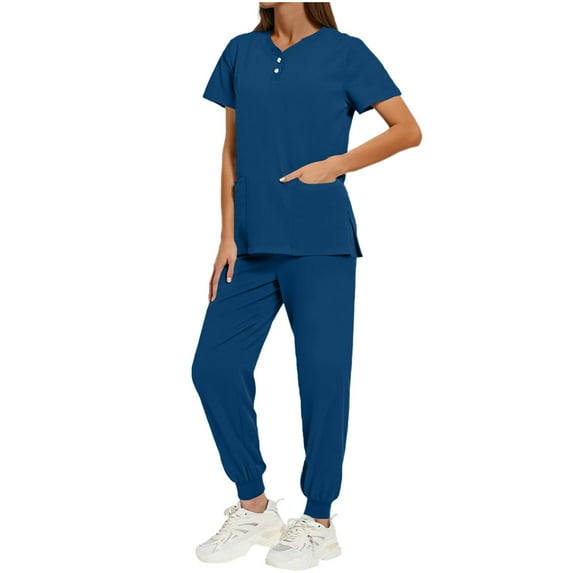 Stamozd Women's Solid Color Protective Work Clothes Loose Side Slit Pocket Protective Work Clothesshort Sleeved V-Neck Button Up Top Drawstring Tied Foot Pants Set Sky Blue D L